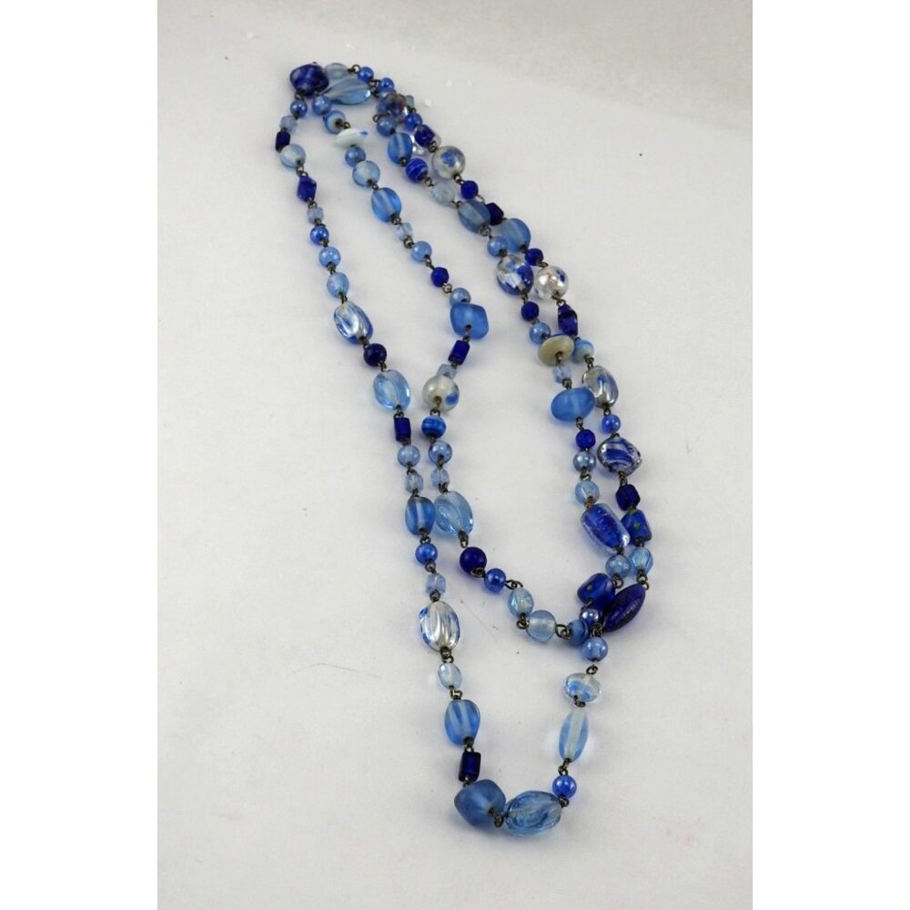 Vintage Blue Glass Beaded Long Necklace Multi Strand Look Artisan Boho - Picture 2 of 11